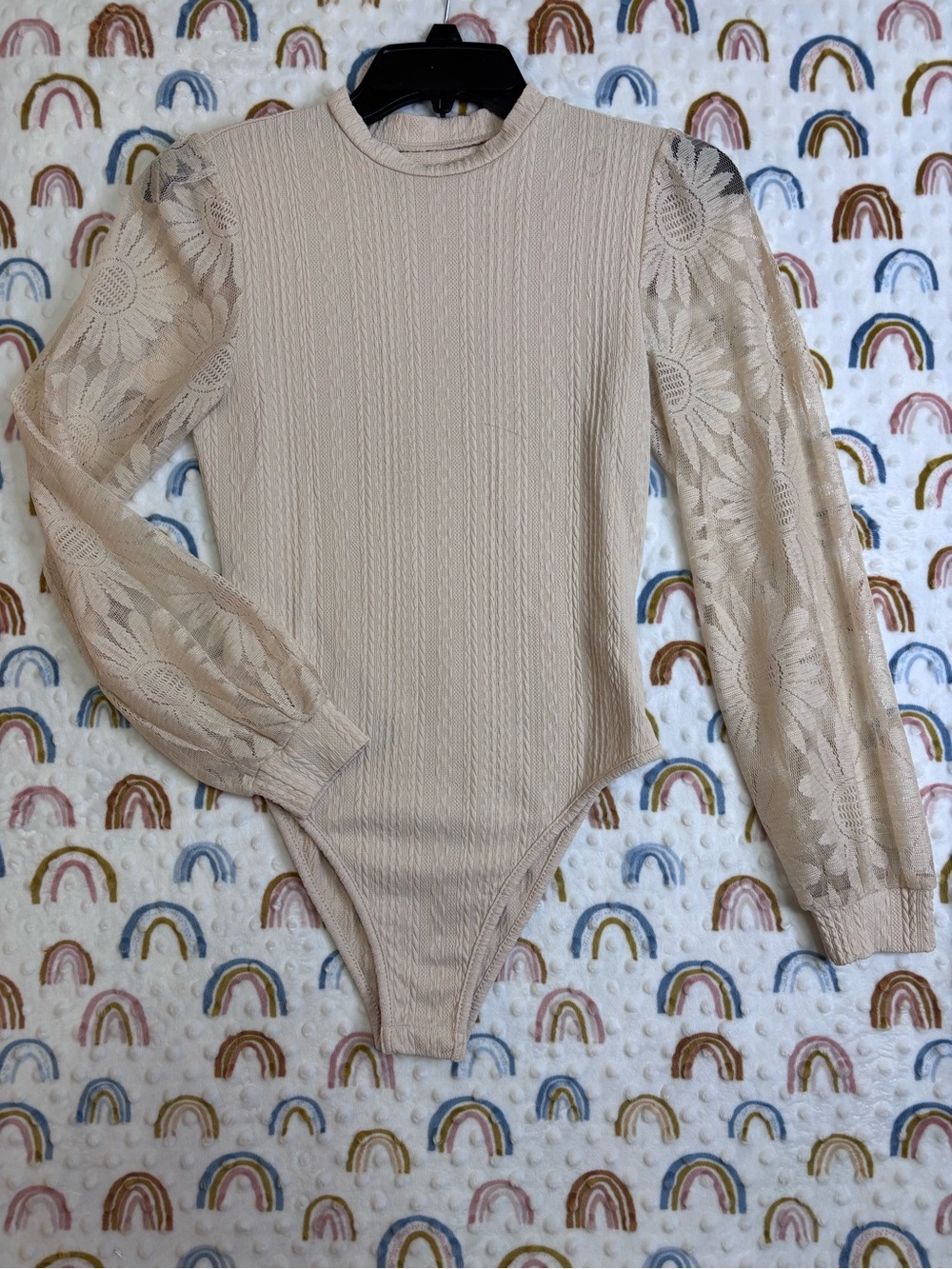 SHEIN Beige Ribbed Bodysuit with Lace Puff Sleeves